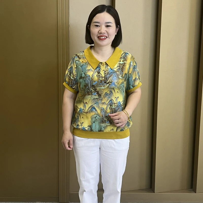 夏季新款时尚洋气印花薄款娃娃领短袖小衫