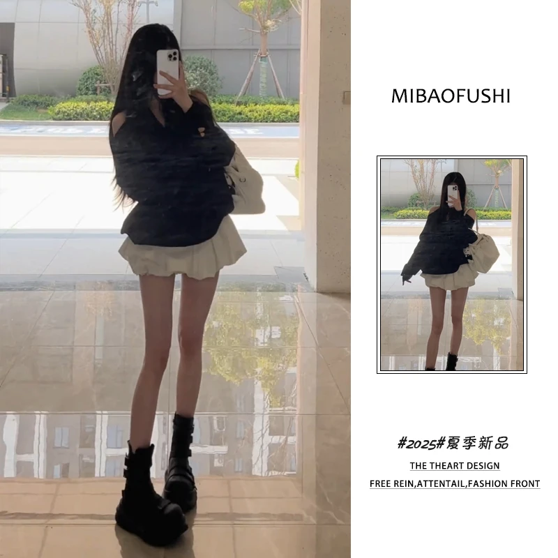 夏季穿搭一整套女装2025年新款韩系时尚挂脖上衣花苞短裙两件套潮