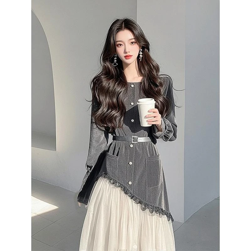 法式高级感漂亮独特气质名媛高端小香风灰色拼接连衣裙女春秋