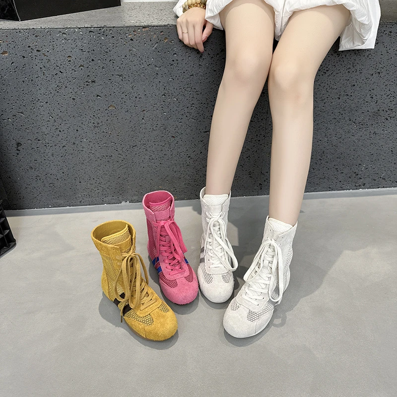 隐形6cm内增高拳击鞋女2025春夏新款网纱透气高帮德训鞋休闲短靴