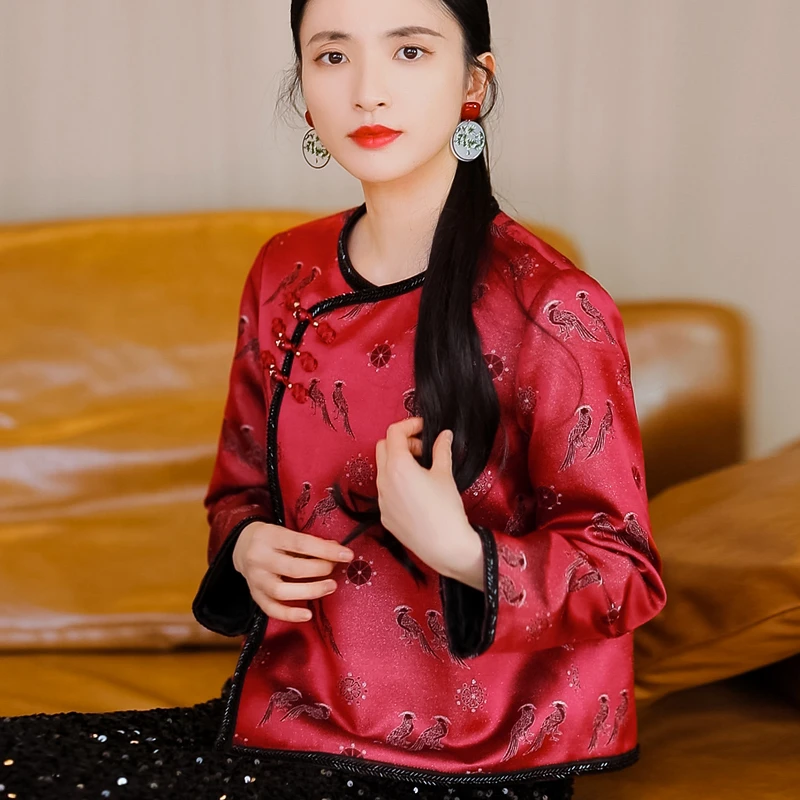 复古日记“好事成双”丝羊毛织金提花新国风红色拜年服外套251W7467