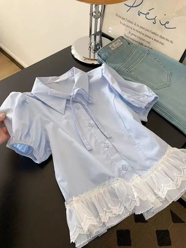 白色气质百搭甜美泡泡袖蕾丝拼接衬衫上衣