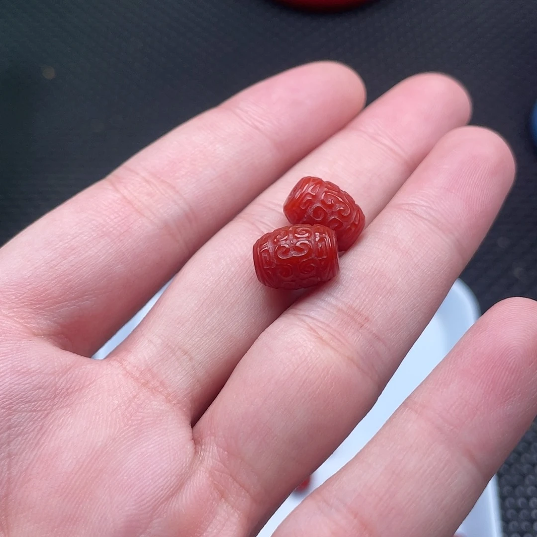 南红玛瑙9*12柿子红回纹桶珠一组2颗未镶嵌