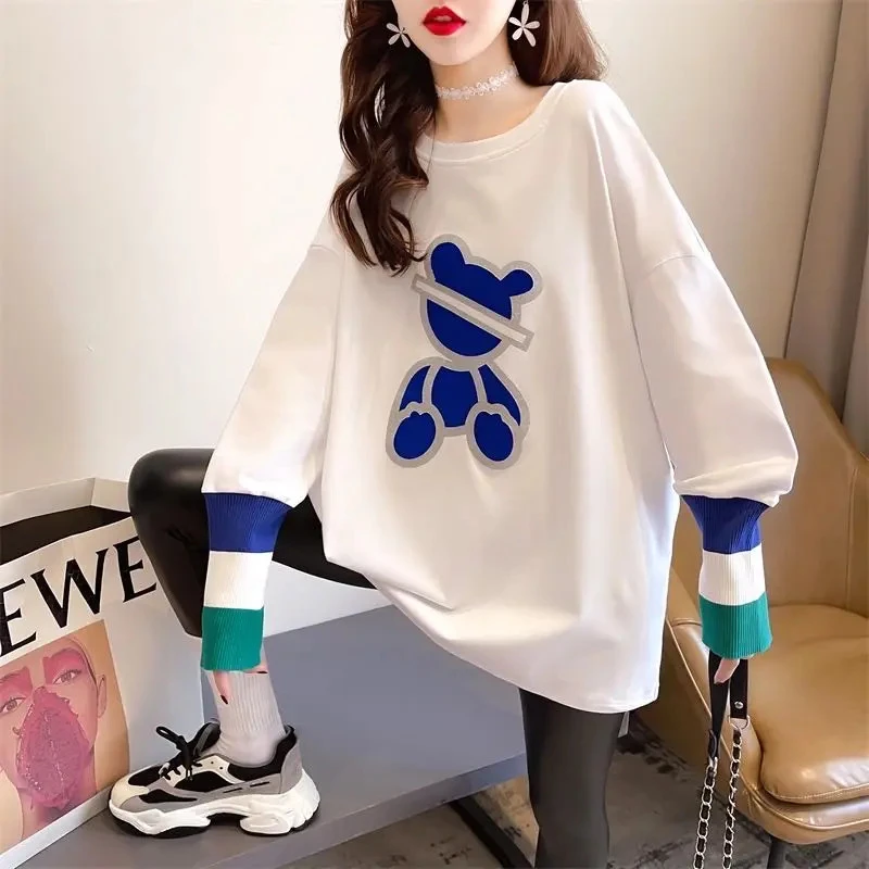 【蓝色小熊】白色打底衫2025秋冬新款韩版宽松拼接印花长袖t恤女
