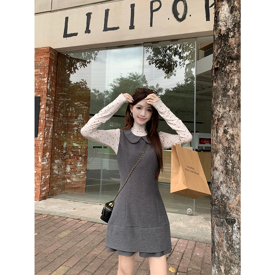 2025秋季新款韩系设计感收腰修身显瘦娃娃领拼接背心连衣裙短裙女