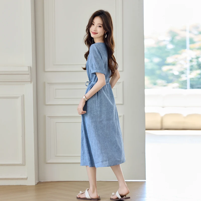 轻熟风减龄棉麻连衣裙女2025夏季新款宽松高级感亚麻中长款薄裙子