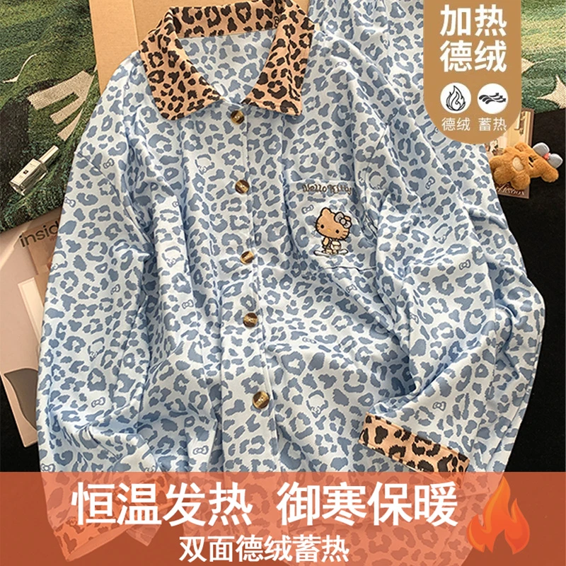 高级感豹纹Kitty德绒睡衣女秋冬家居服加厚保暖冬款两件套家居服