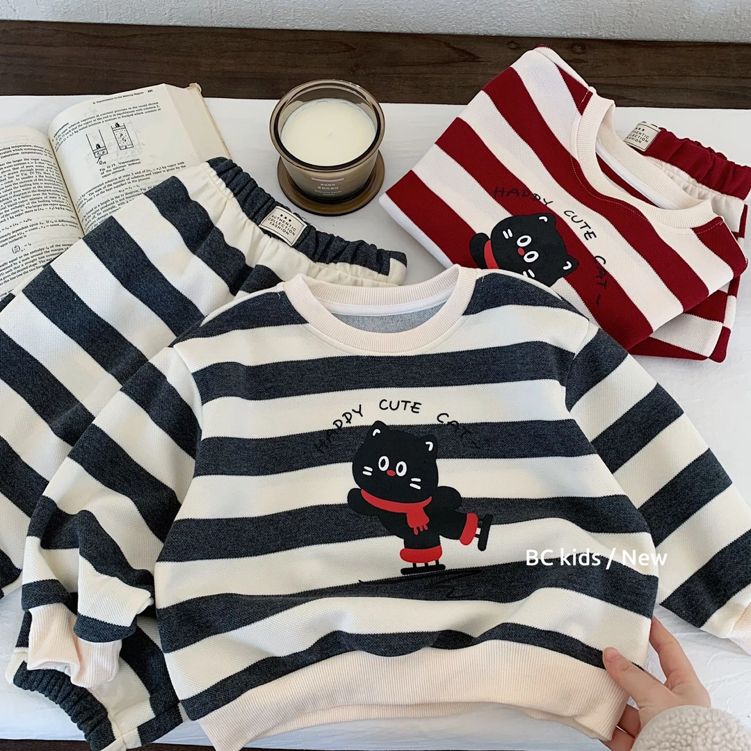 BC - H0003 条纹卡通猫咪卫衣+休闲裤两件套