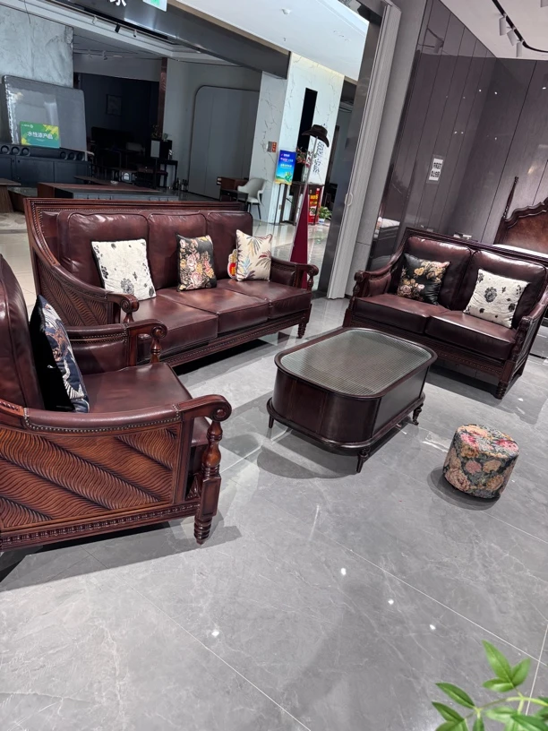 美式复古简约欧式油蜡皮沙发奢华客厅组合雕花别墅沙发实木家具