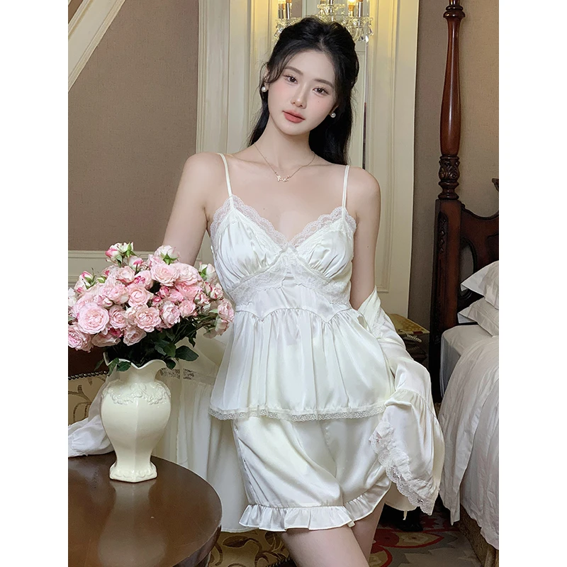 【怀玉短三件套】性感吊带睡衣女夏季冰丝吊带短裤三件套家居服