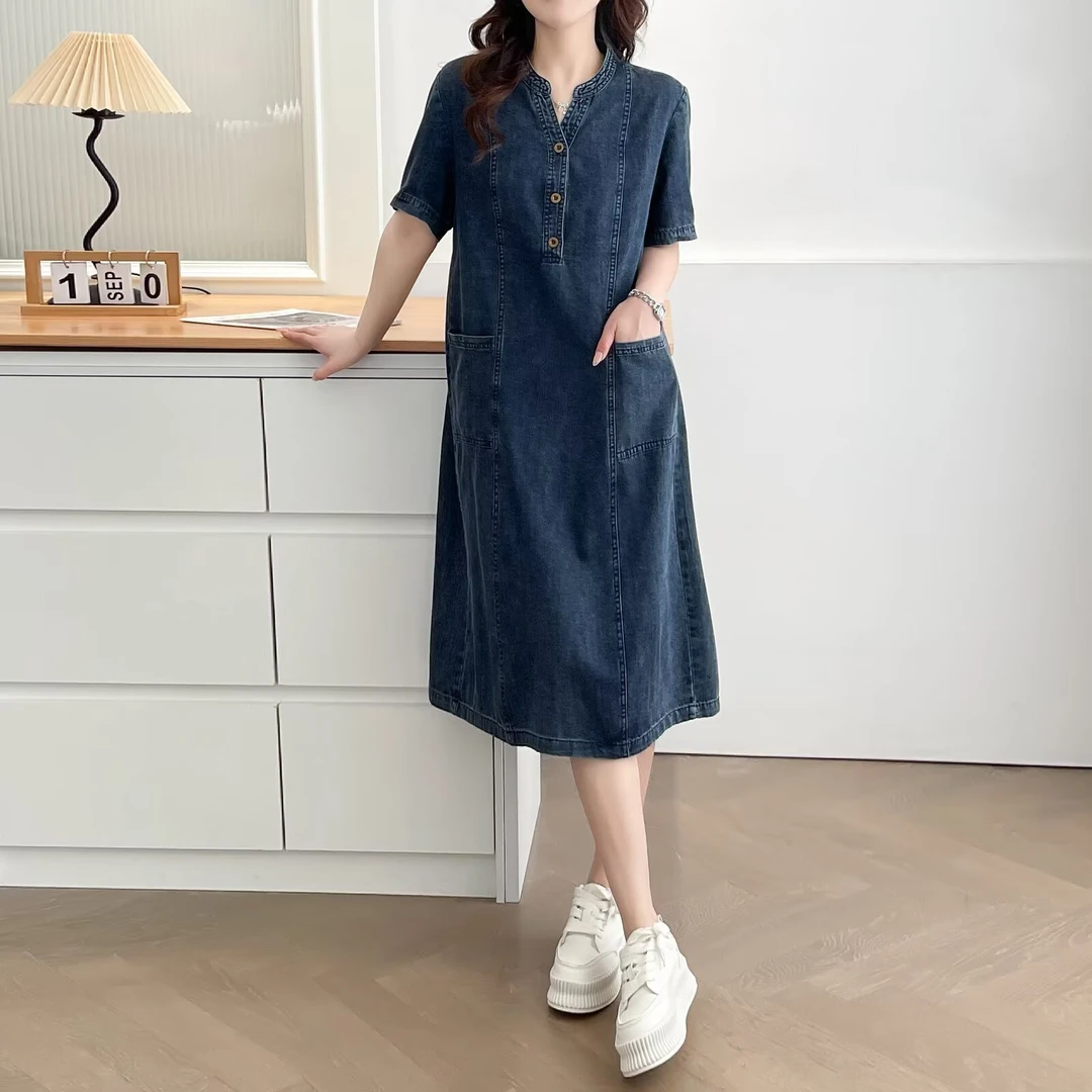 大码女装 胸114-138 宽松时尚中长款牛仔裙连衣裙006#