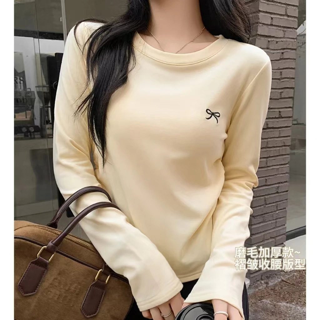 韩系蝴蝶结长袖磨毛打底衫女秋冬褶皱收腰保暖短款上衣