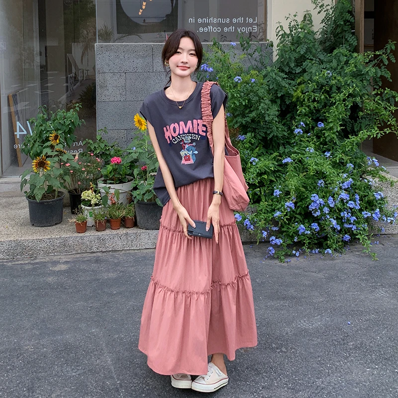 一整套ootd穿搭减龄爆款设计感字母印花T恤半身裙三件套休闲套装