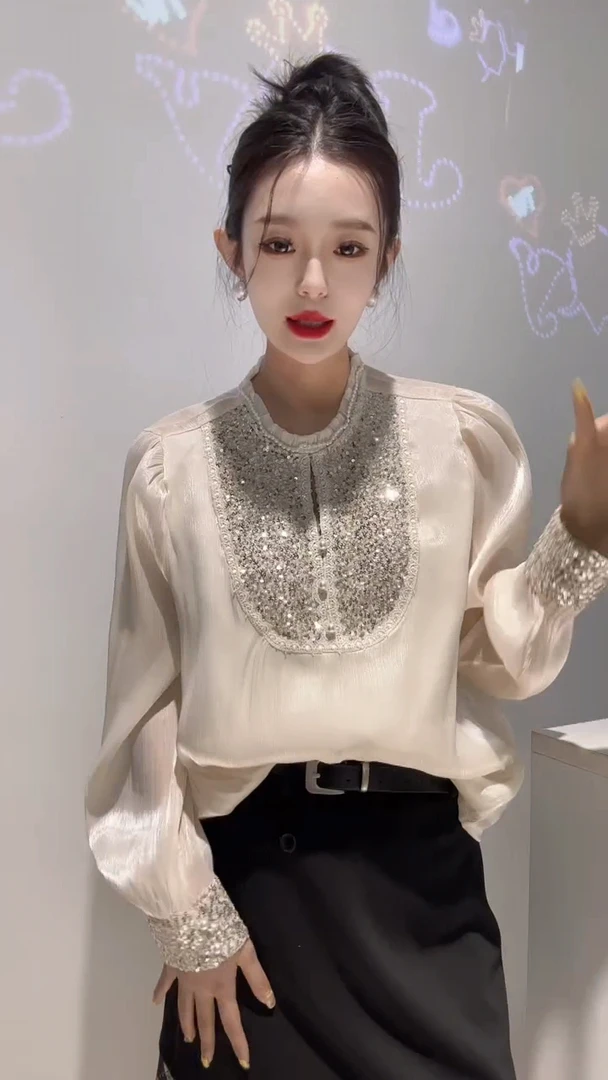 气质轻奢亮片衬衫手工设计复古灯笼袖木耳边立领上衣