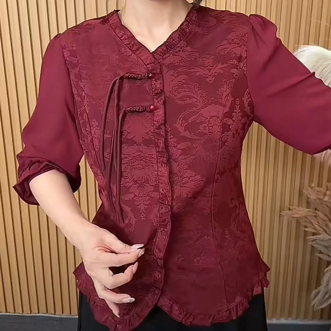 2025春季新款时尚花边领盘扣套头宽松显瘦洋气妈妈装长袖女士上衣