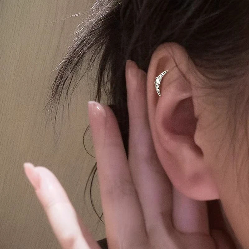 钛钢锆石耳饰 边缘耳骨钉弧形月牙耳钉女超闪锆石带钻ins耳环