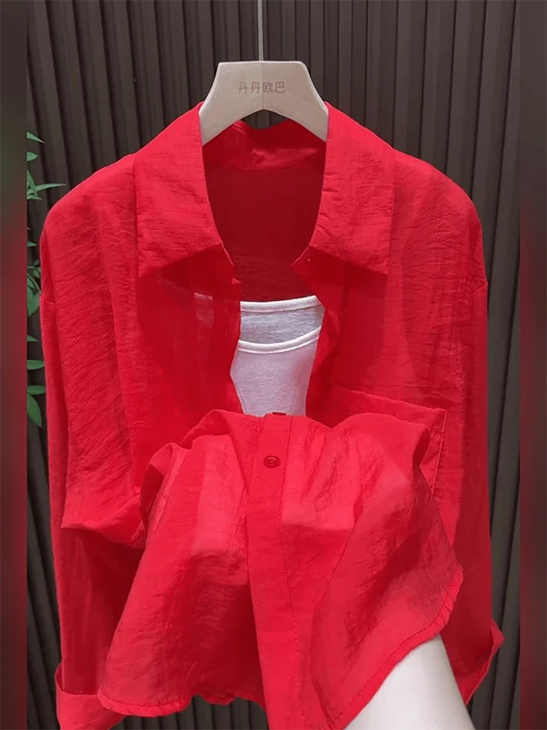 法式气质红色Polo领防晒长袖衬衫女春夏季慵懒风休闲百搭显瘦上衣