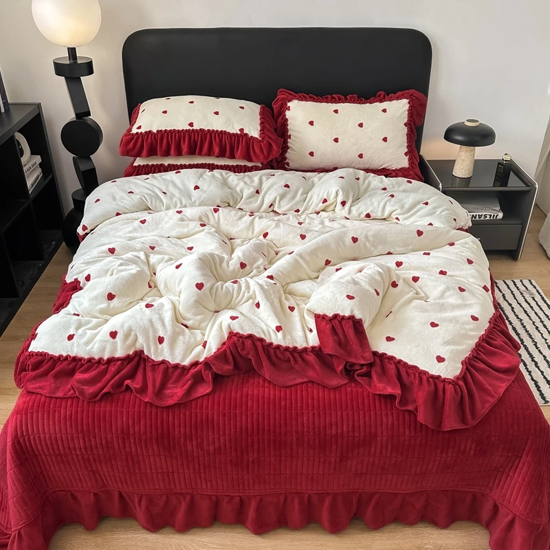 法缇娅法式花边牛奶绒夹棉床盖四件套双面加绒保暖被套防滑防静电