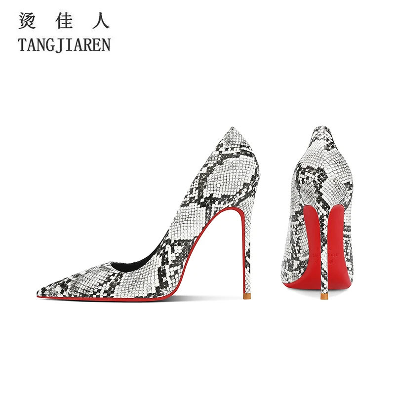 2025春秋时尚新款蛇纹高跟鞋女细跟性感浅口御姐红底尖头宴会单鞋