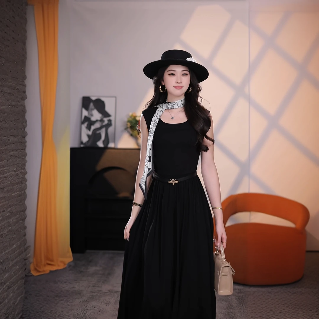 阿玛施夏季法式显瘦无袖收腰长裙550031