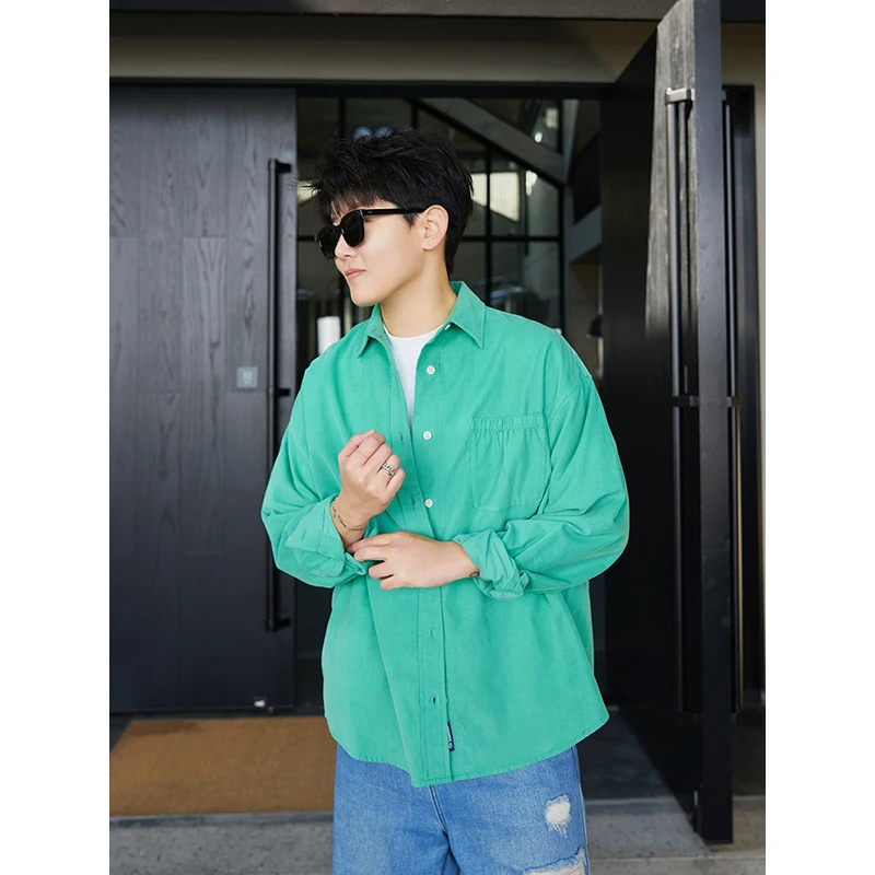 Cookawu春细薄款灯芯绒纯色基础通勤豆绿色长袖衬衫