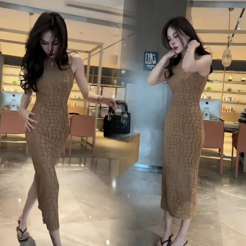 重工减龄亮丝流苏方格连衣裙女2025夏季新款收腰显瘦气质包臀长裙