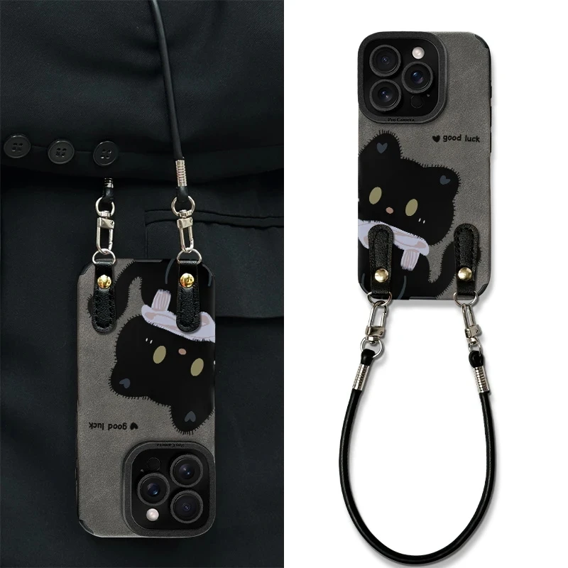 适用于苹果16华为/oppo/vivo小黑猫手机壳可爱流行硅胶防摔简约新