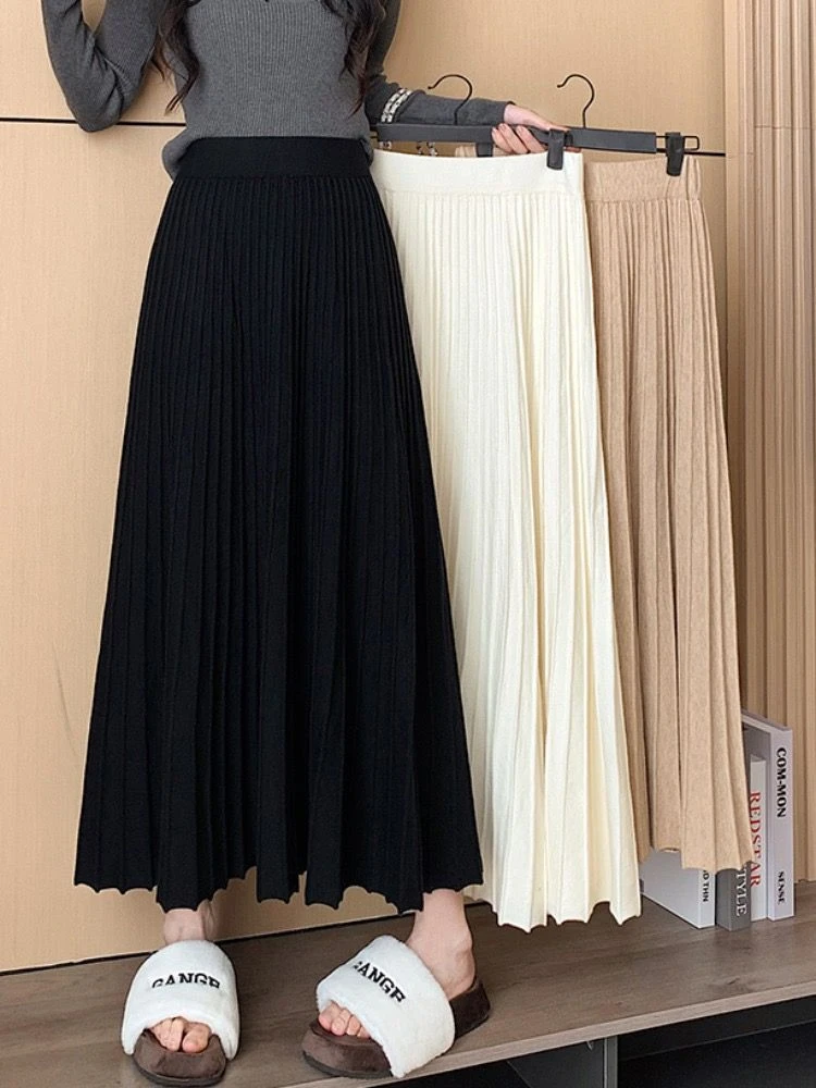 针织长款百褶裙2025秋冬大摆裙加厚显瘦女遮胯长裙高腰a字半身裙