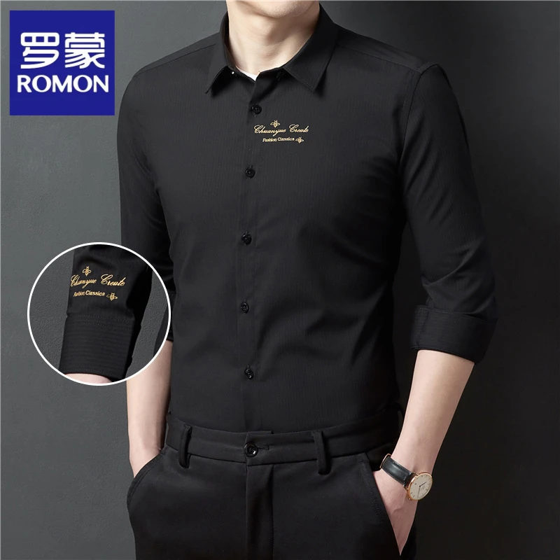 罗蒙2025新款高档金色刺绣时尚潮流男士长袖衬衫无痕轻奢修身衬衣