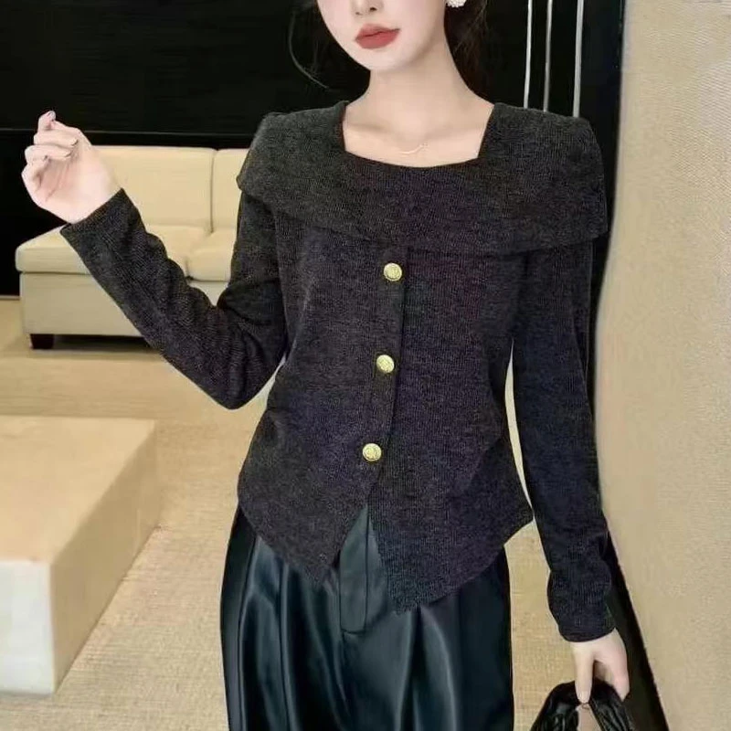 【又又】春季胖mm打底衫女休闲风遮肚子显瘦不规则一字肩长袖上衣