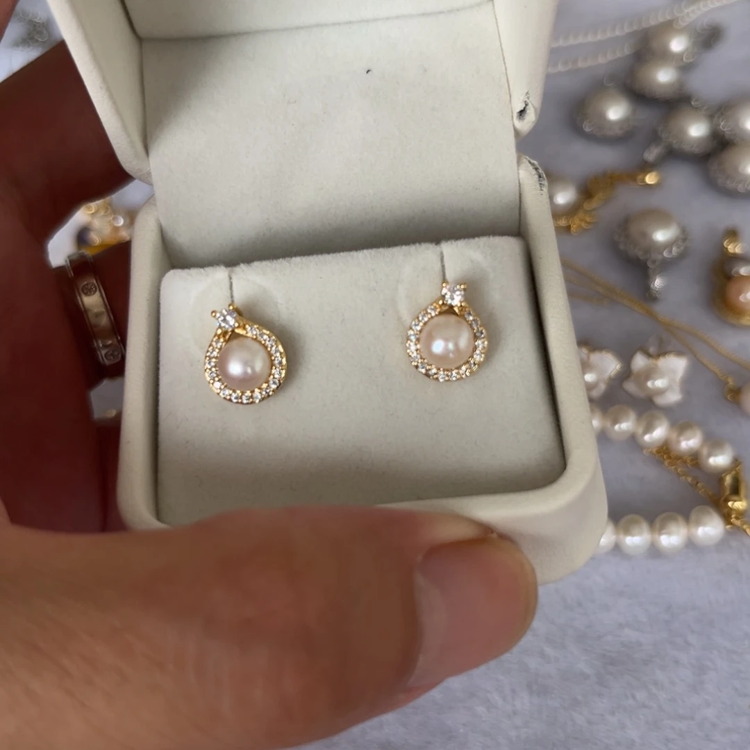 银S925镶嵌淡水珍珠耳饰王菲耳钉金