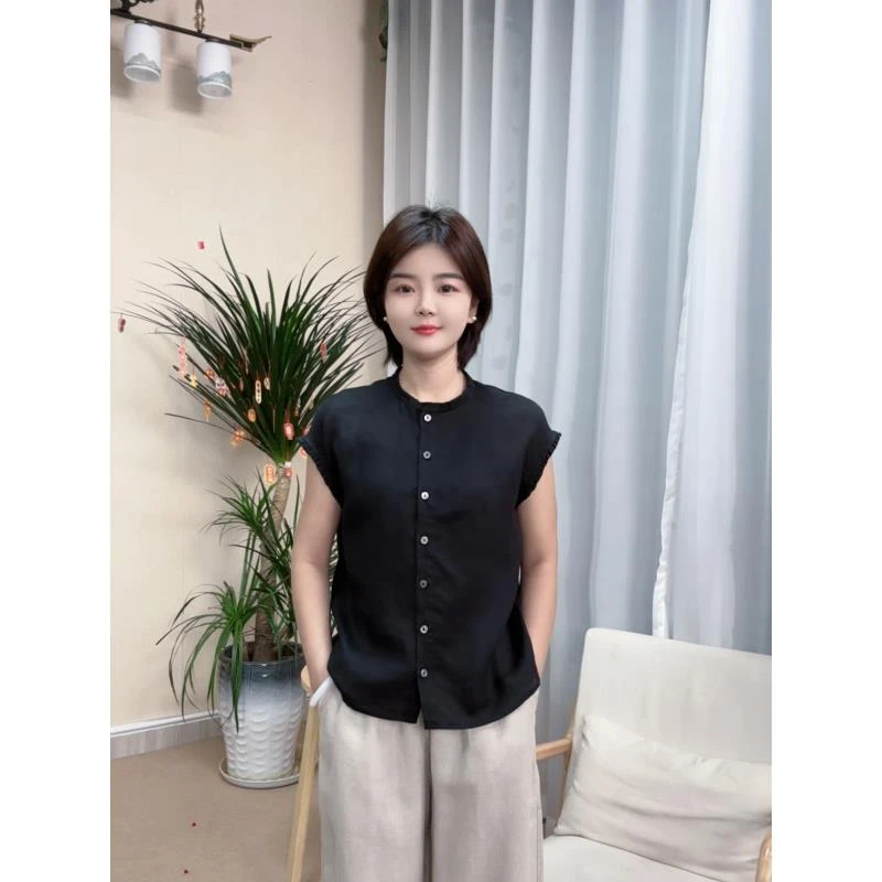 53支汉麻纯色圆领无袖开衫文艺复古木耳边坎肩气质休闲衬衫 23701