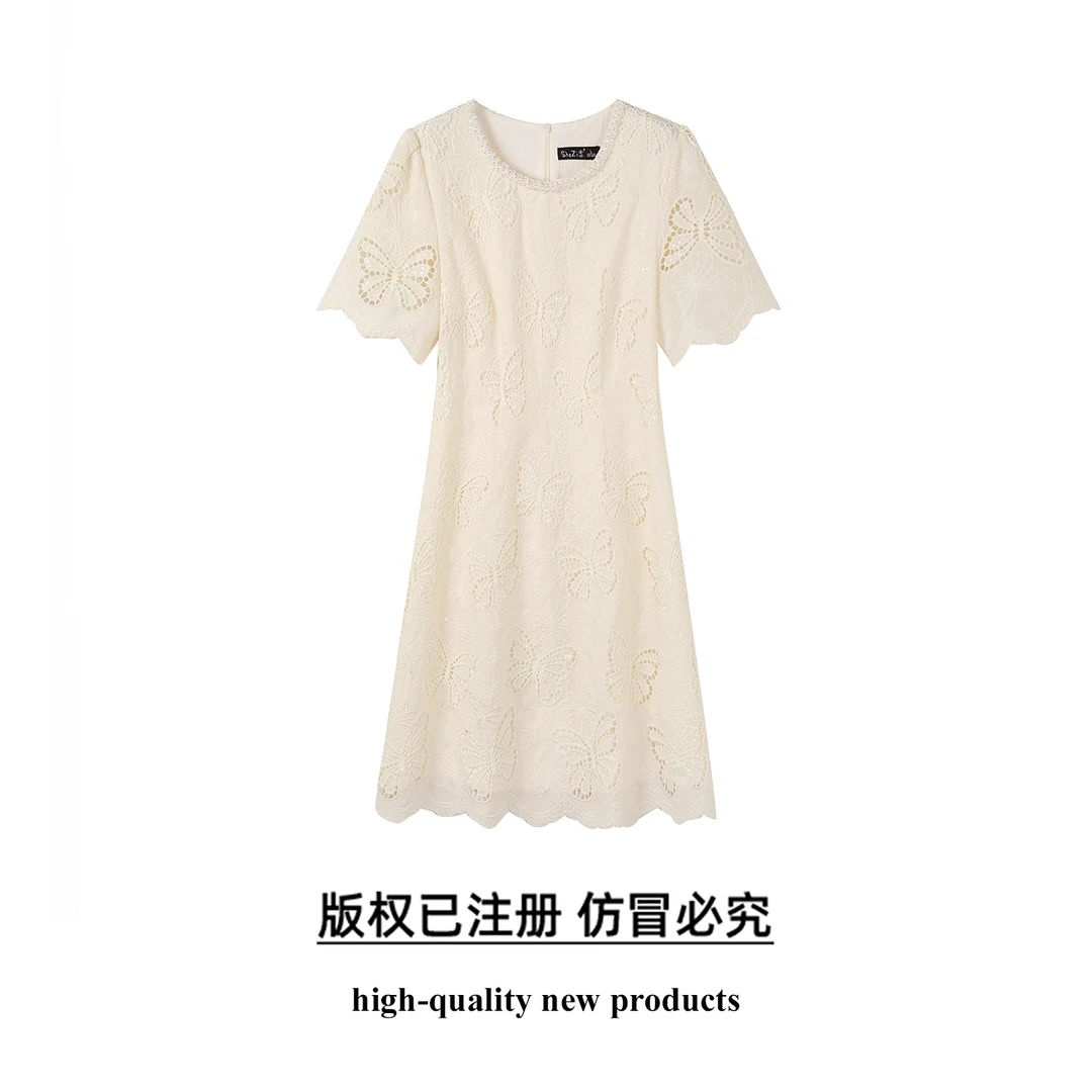 奢姿大码女装2025夏季法式气质短袖设计感蝴蝶镂空中长款连衣裙