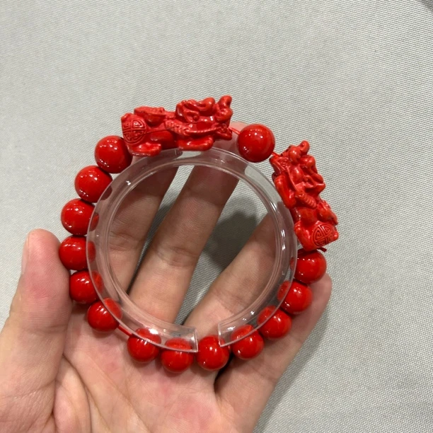含辰砂工艺品A625 帝王砂 卡1.0圆珠 带双貔貅单圈手串(合成)