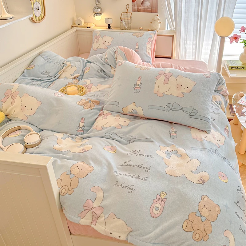 咪咪乐园冬季加绒牛奶绒四件套小清新甜美印花加厚保暖床单被套