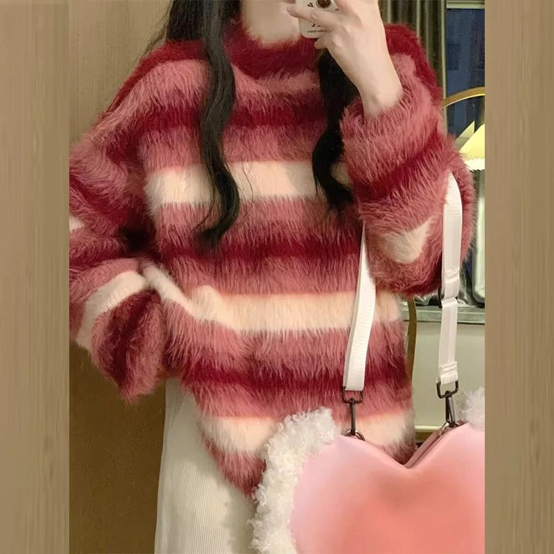 VOCKOO官方奶fufu红色条纹内搭毛衣女秋冬季2025新款慵懒风宽松针