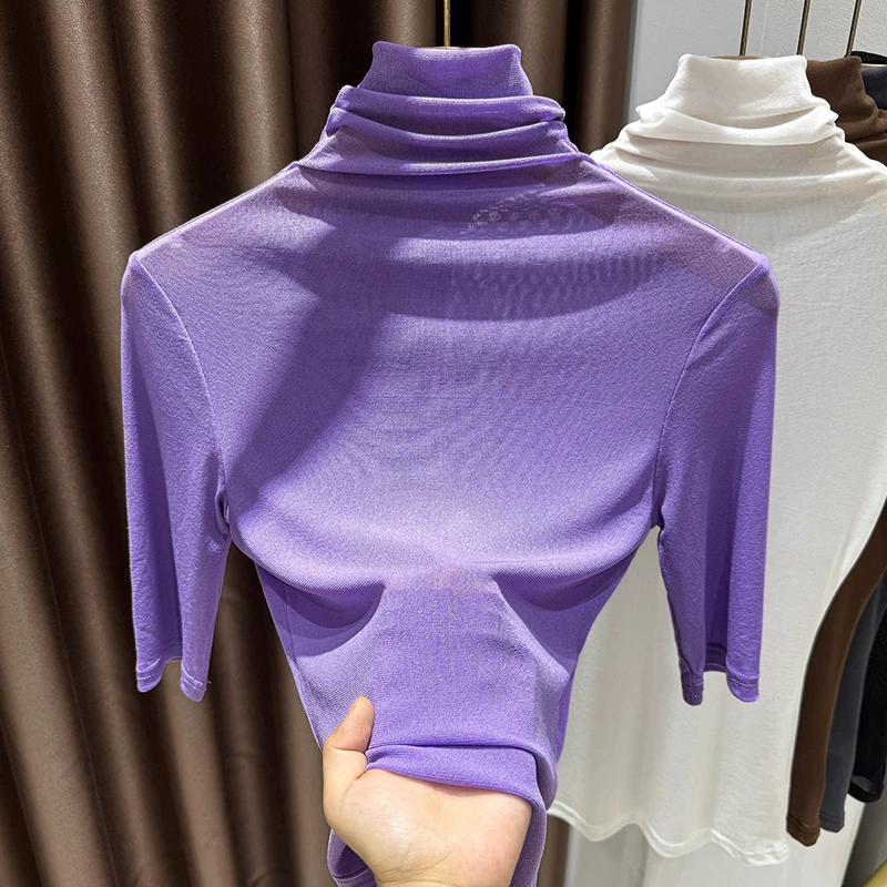 秋冬新款紫色半高领中袖网纱打底衫女气质时尚高级感内搭纯色上衣