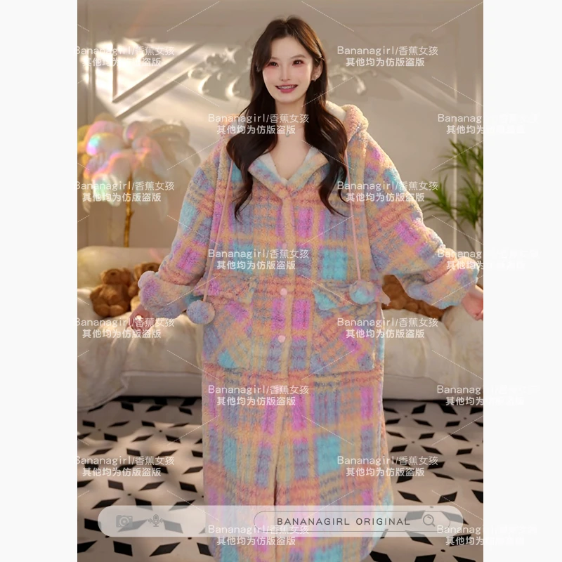 Bananagirl极寒睡衣女秋冬连帽格子睡袍环蓄温速暖家居服可外穿