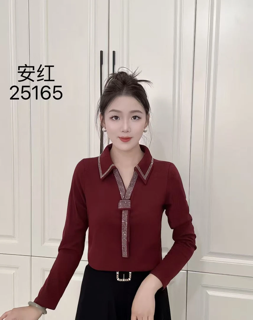 2025秋季新款时尚洋气纯色打翻领底小衫气质长袖上衣女#25165