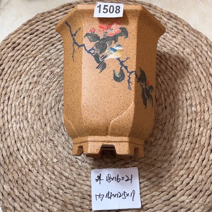 花盆紫砂  柴烧花鸟彩绘莲花宫灯六方1508