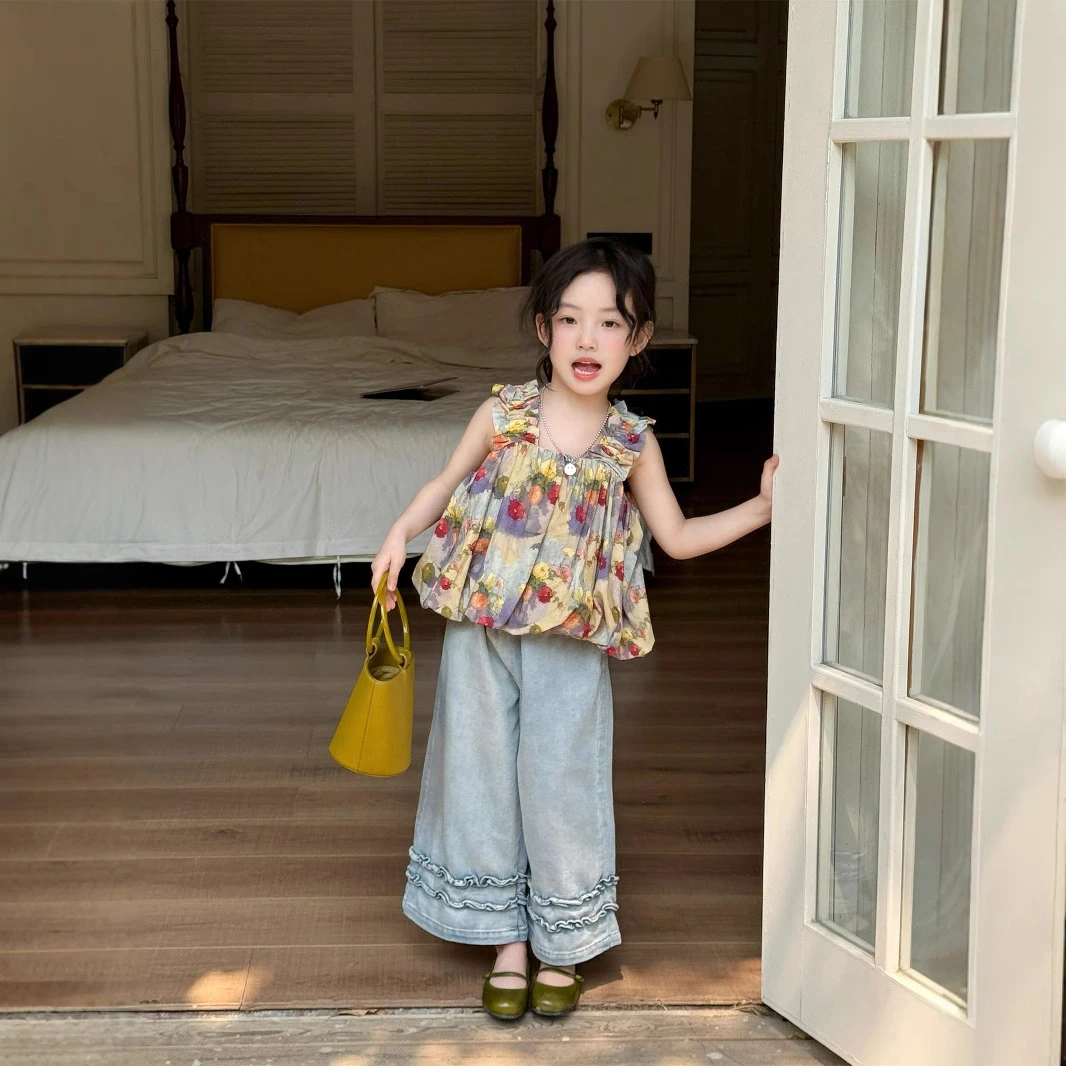 2025夏季新款套装 女童洋气碎花吊带背心+卷边牛仔阔腿裤两件套