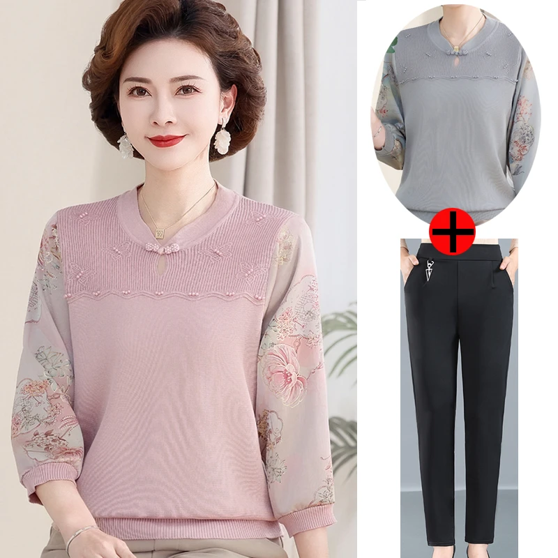2025新款妈妈春装七分袖针织小衫洋气t恤 中老年女装洋气上衣