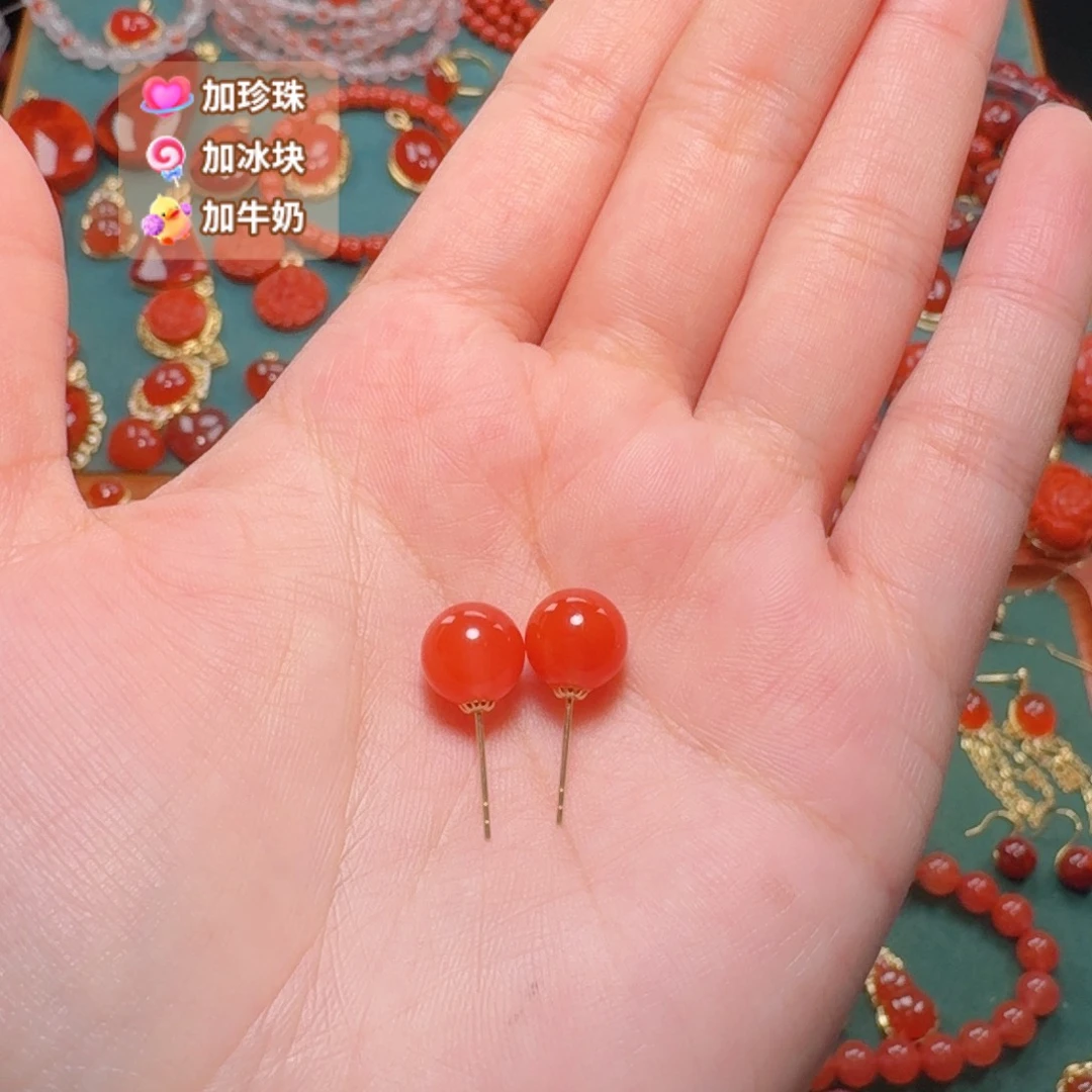 南红玛瑙18K金镶嵌耳饰