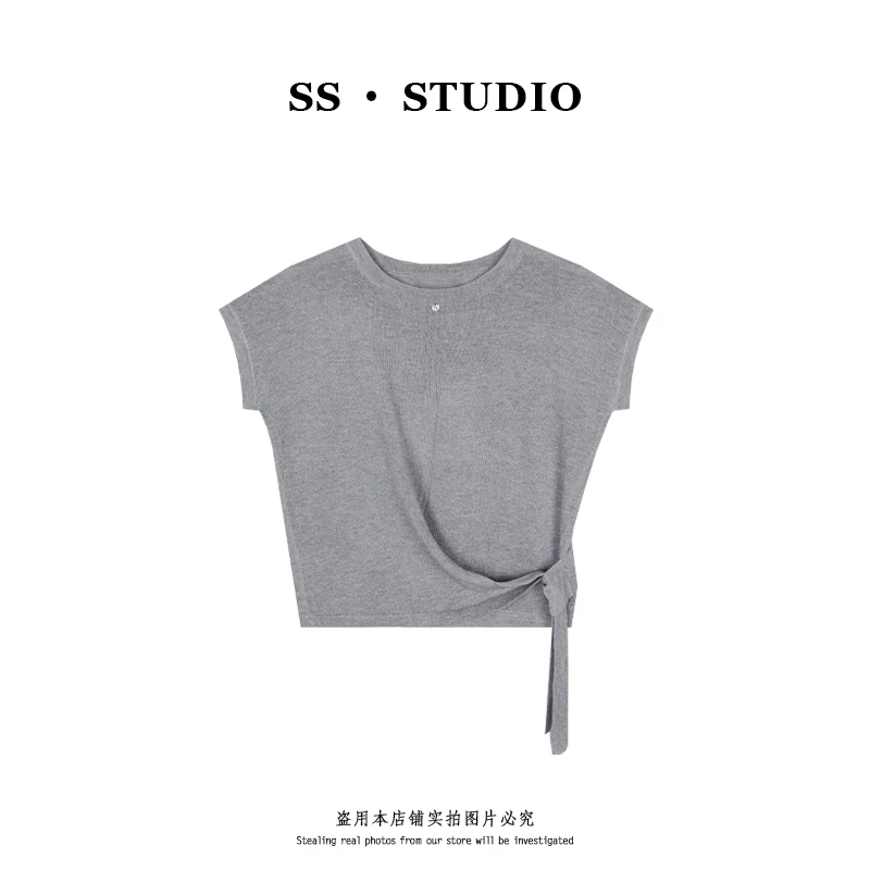 【SUSU】时尚休闲圆领针织衫夏季薄款宽松显瘦系带短袖上衣SS-5317