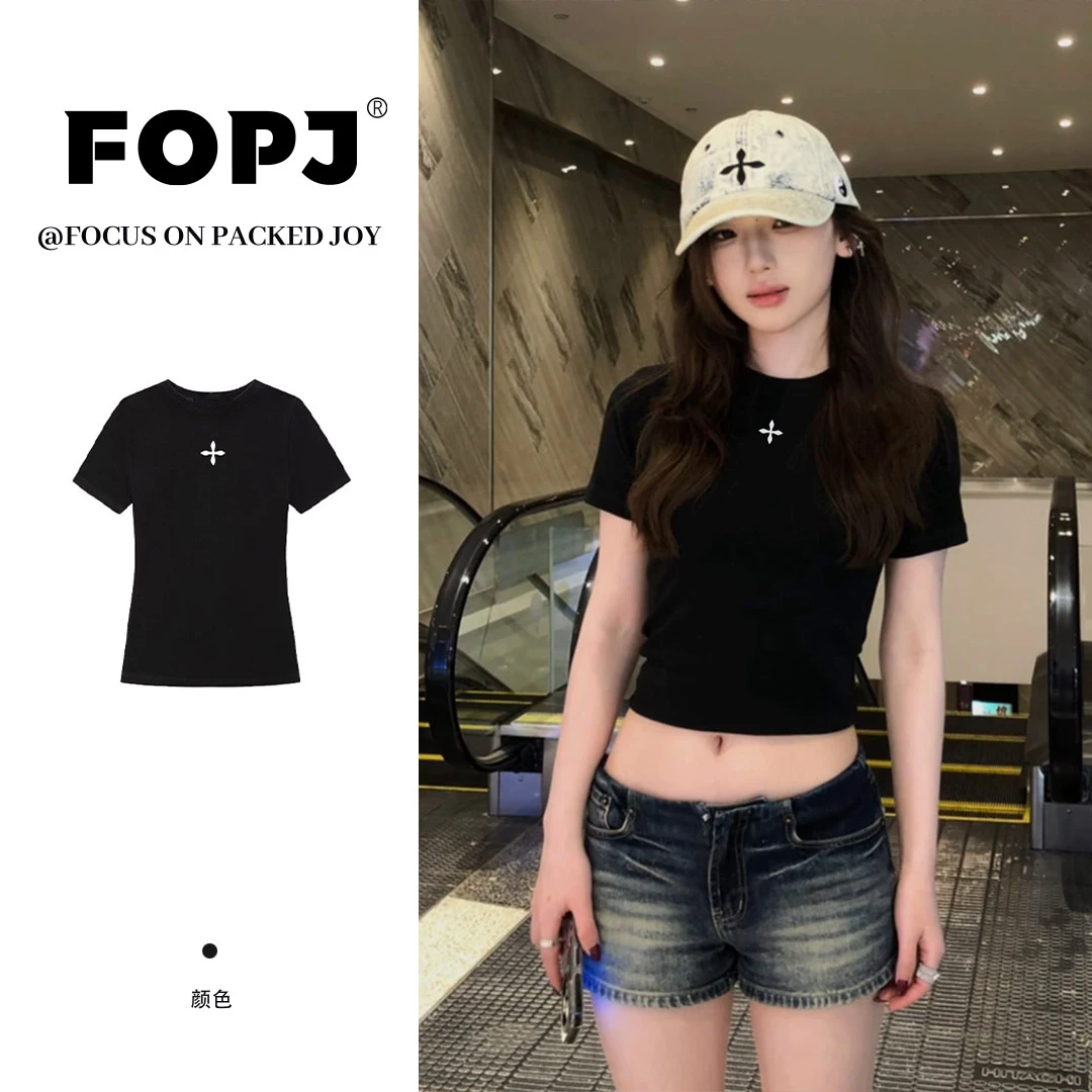 FOPJ潮牌圆领显瘦十字架印花短袖T恤女2025夏季新款学院风上衣服