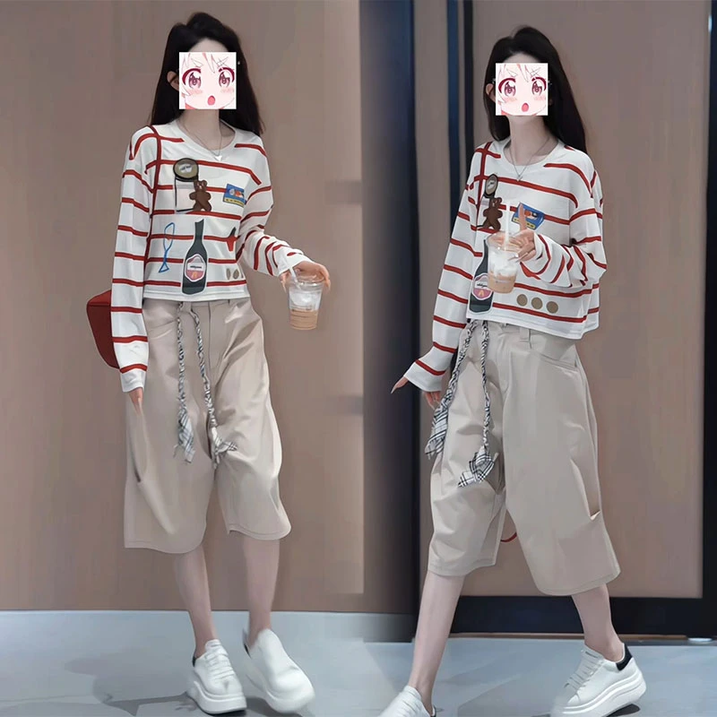 2025年时尚夏装小个子甜美气质圆领薄款条纹长袖T恤减龄韩版中裤