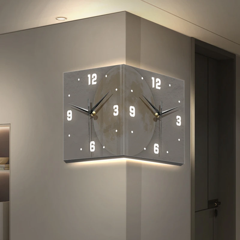 免打孔创意转角时钟壁灯客厅月球灯拐角钟发光双面挂钟led艺术钟