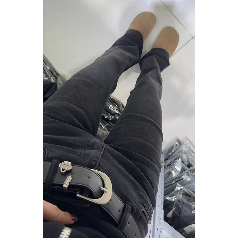 2025秋冬新款加绒高腰窄版直筒弹力牛仔长裤女修身显瘦洋气微喇裤