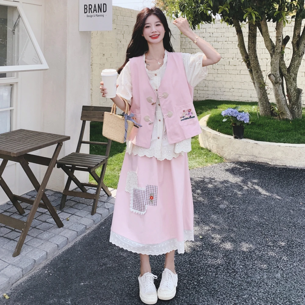 韩系镂空衬衫刺绣粉色马甲半身裙套装女夏2025新款甜美减龄三件套