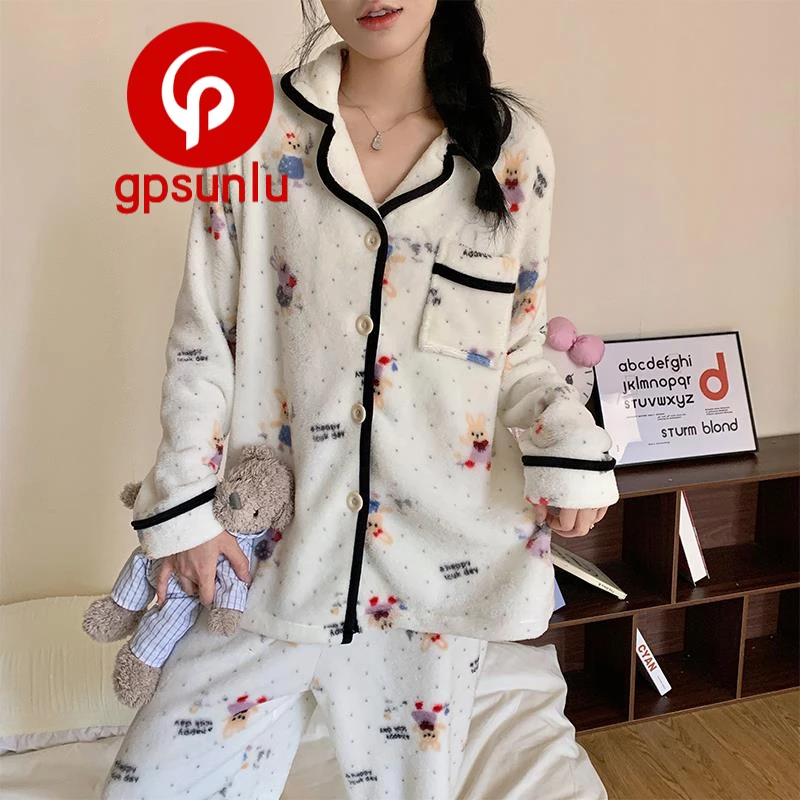 GPsunlu珊瑚绒睡衣女秋冬季卡通可爱保暖法兰绒加绒加厚家居服
